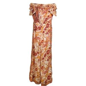Free People 60s Inspired Carmen Flared Off Shoulder‎ Gold Floral Jumpsuit S Boho